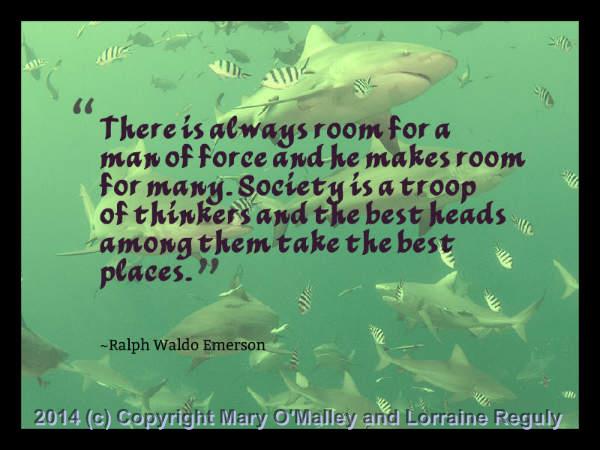 This is a picture of a some sharks with one of Ralph Waldo Emerson's quotes superimposed on top of it.