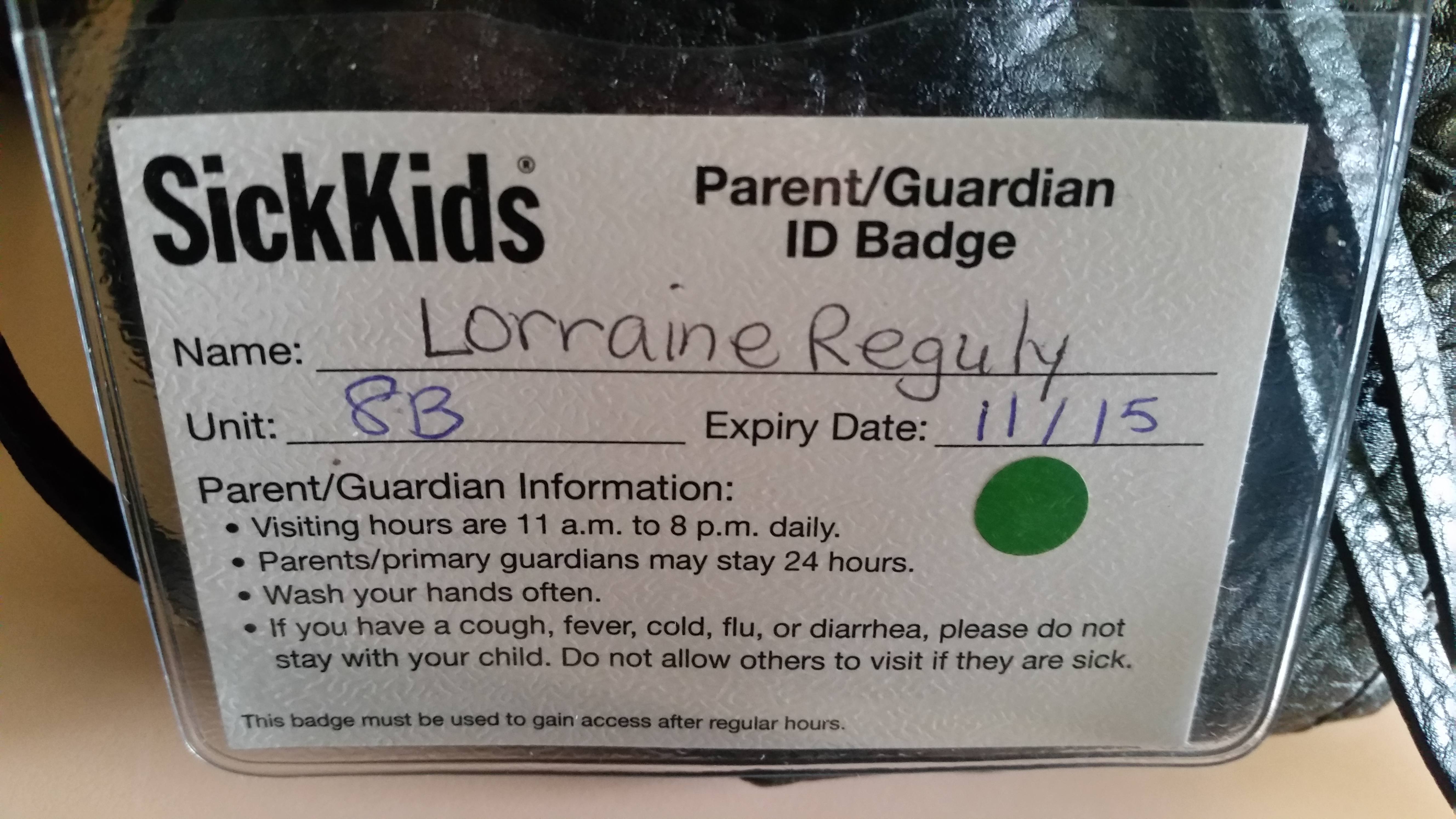 My visitor ID badge at SickKids