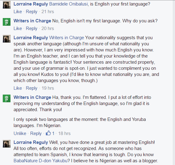 screenshot of the Facebook conversation between me and Bamidele